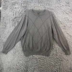 Geoffrey Beene Sweater XL Cashmere Cotton Gray Diamond Crew Neck Long Sleeve